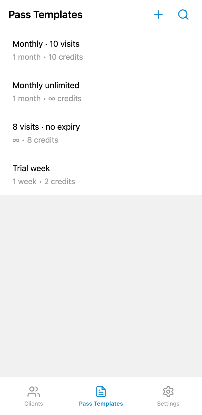 Pass templates in Shanti: monthly with 10 visits, unlimited, trial week